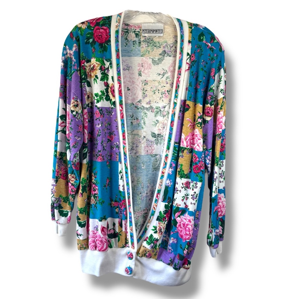 Vintage Patchwork Quilted Floral Cardigan LS Sweater
